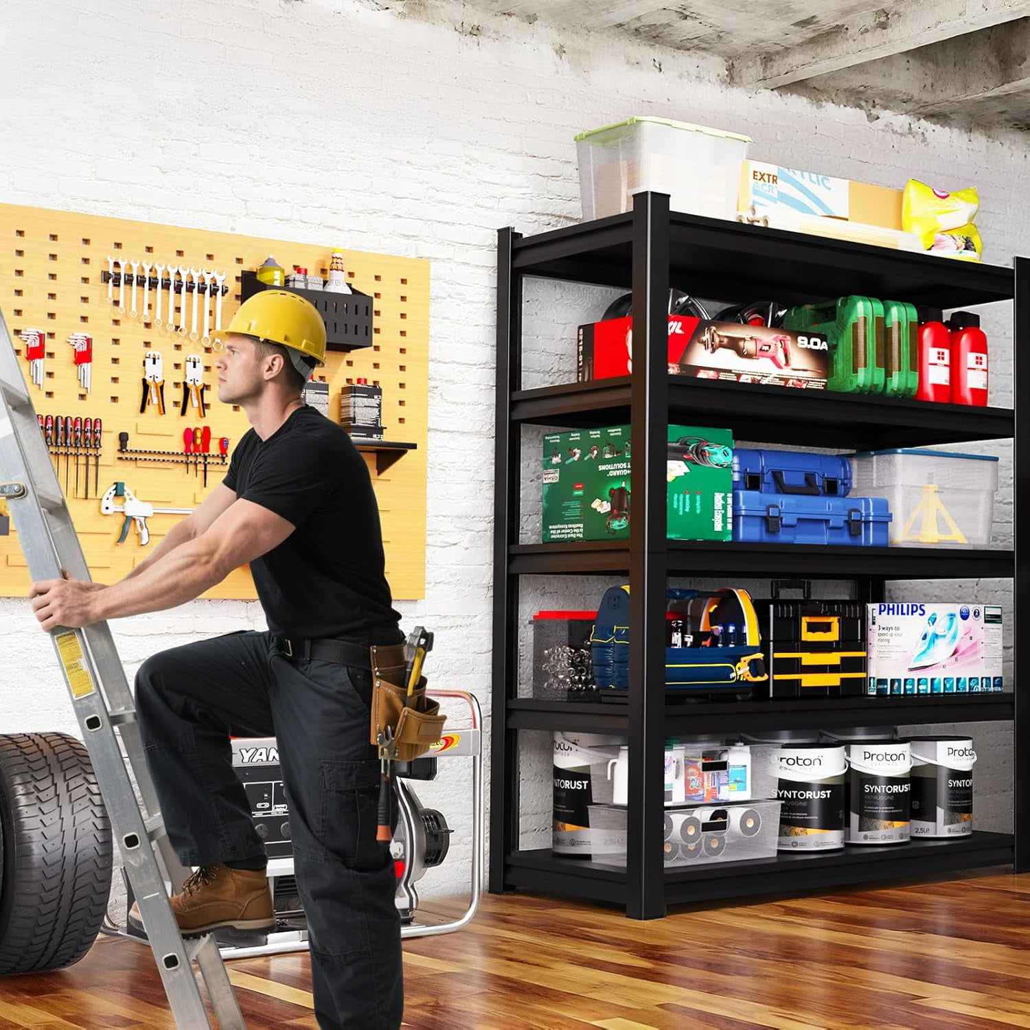 59" W Garage Shelving Heavy Duty Garage Storage Shelves Metal Shelving Unit 5T Adjustable Industrial Utility Shelf 3000LBS Black Organization Rack for Warehouse Storage,72" H x 59" W x 20" D