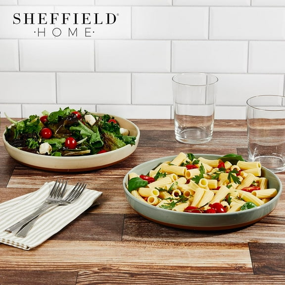 Stoneware Pasta Bowls Set of 4 - 35oz Flat Salad Bowls & Plates for Dinner, Microwave, Oven & Dishwasher Safe