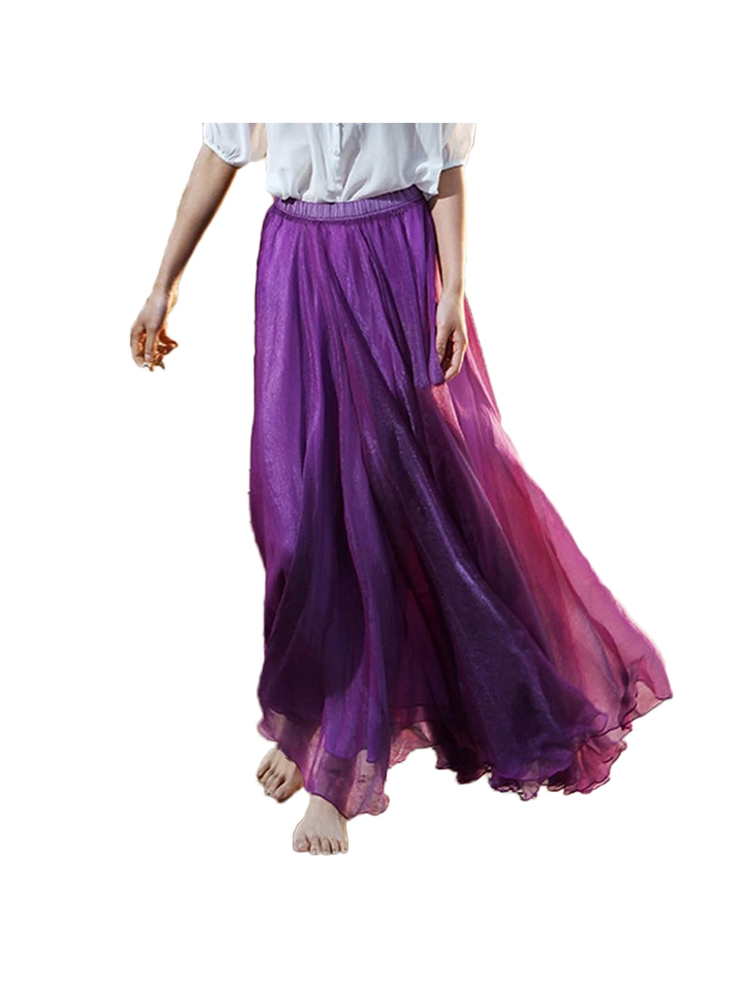NEW Women Double Layer Chiffon Pleated Retro Long Maxi Dress Elastic Waist Skirt