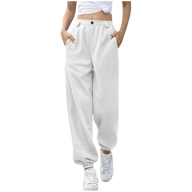 women's Jogger Sweatpants Casual Solid Color Drawstring Elastic Waist Pants Comfortable Exercise Trousers with Pockets White L