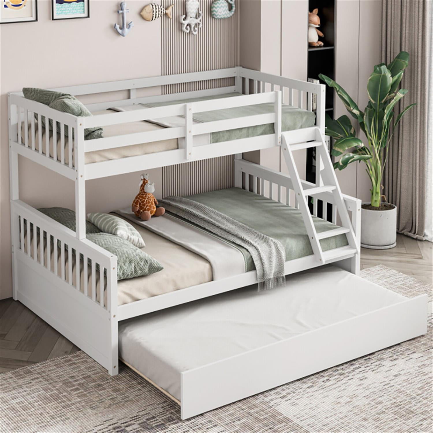 Demi Bonn Twin Pull-Out Bunk Beds with Ladder in the Steps and a Trundle, Full Convertible Bunk Bed Platform, White