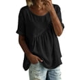 thumbnail image 2 of Nmnitkp Linen Tops for Women Solid Color Linen Blend Gathered Crew Neck Short Sleeve Blouse, Loose Fit Casual Summer Tops for Daily Wear Black,L, 2 of 9