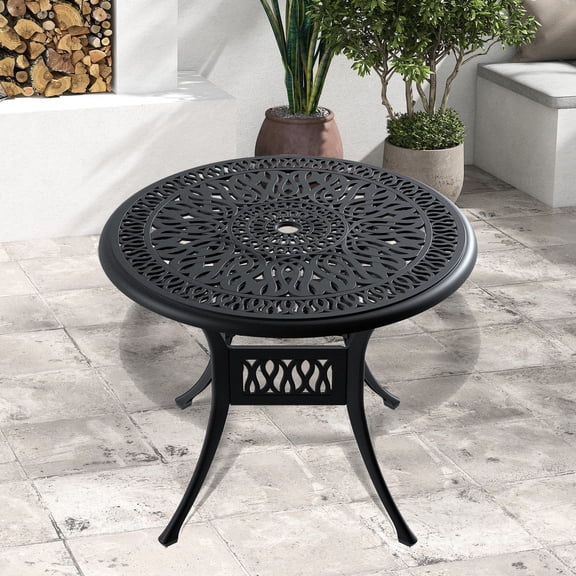35.43 - inch Round Patio Table - Wear - Resistant Foot Pads - Outdoor Dining - Exquisite Petal Patterns
