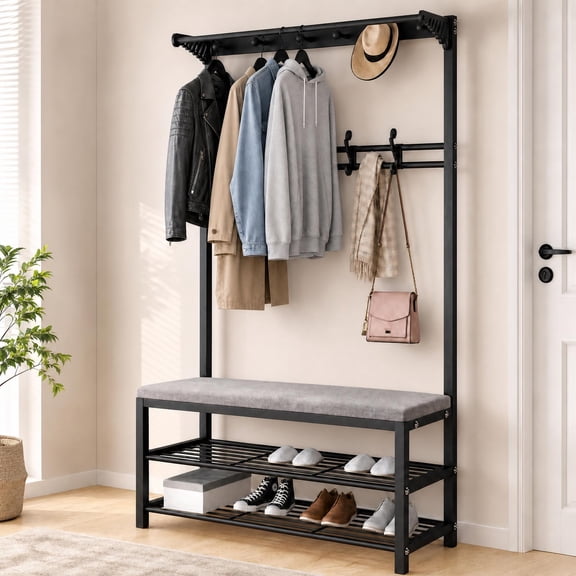 ANJORALA 4-in-1 Coat Rack with Bench, Industrial Entryway Hall Tree with 2 Tier Shoe Rack,Black