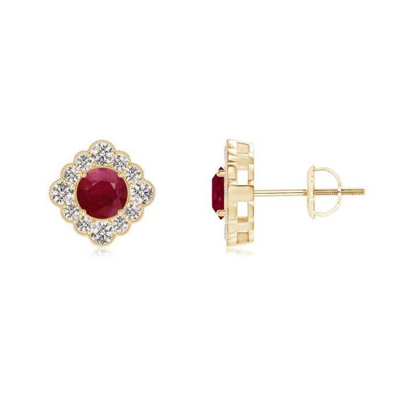 ANGARA Natural Round Ruby Flower Stud Earrings with Milgrain Detailing in 14K Yellow Gold for Women (Size-4mm) | July Birthstone, Birthday, Anniversary, Jewelry Gift for Women | Natural Ruby Earrings
