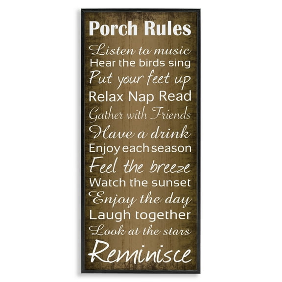 Stupell Industries Porch Rules Country Rustic Typography Painting Black Framed Art Print Wall Art, 10 x 24