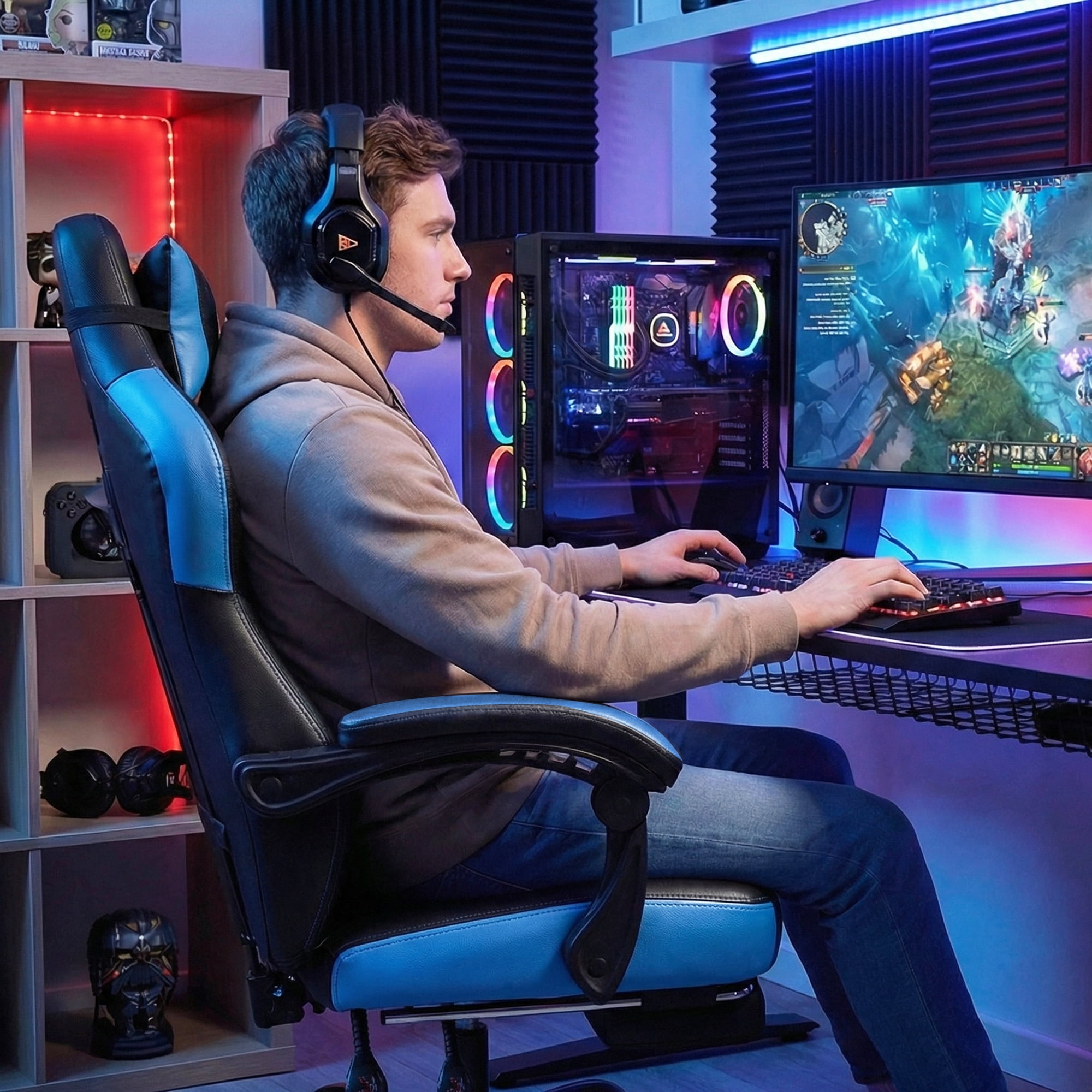 CELTOSS Gaming Chairs with Footrest, Big and Tall Gamer Chair with Headrest and Lumbar Support for adults, Blue