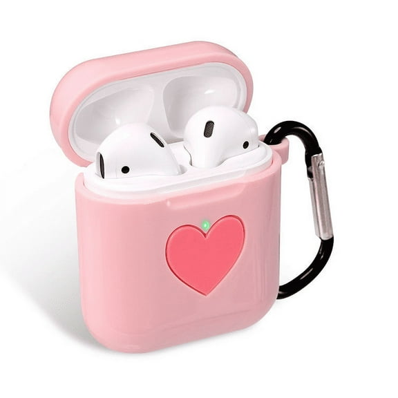 MINIFACOTRY AirPods Silicone Case Protective Cute Pink Love Heart Cover Plus Key Chain for Apple AirPods 1st/2nd