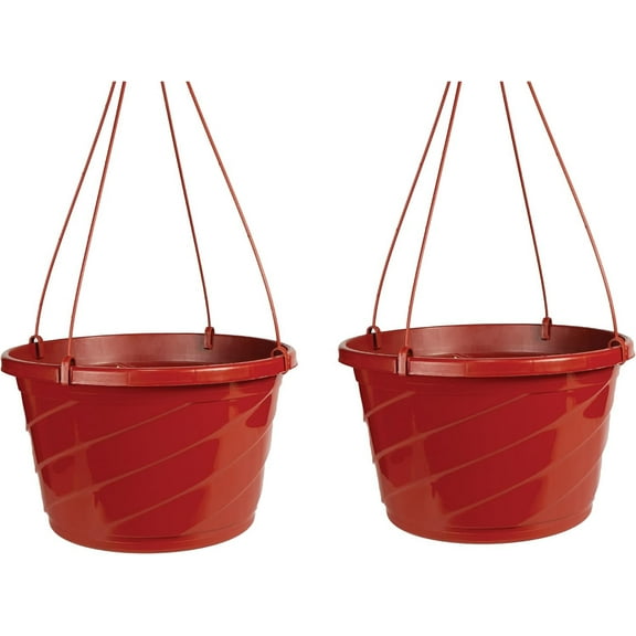 Euro Hanging Basket Planter Decorative 12-Inch Large Plastic Hanging Basket w/Swirl Design for Outdoor Plants, Clay (Pack of 2)