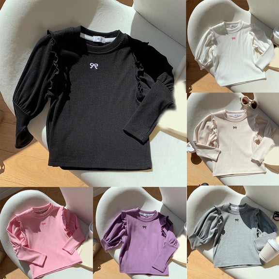 Rvasteizo Kids Long Sleeve Shirt Print Embroidery Bow Crew Neck Long Sleeve Thin Soft Knit Layering Tee Unisex for Boys Girls 1 to 10Years Daily Casual Wear