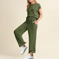 thumbnail image 3 of CheerKidz Two Piece Sets for Women's Summer 2 Piece Outfits Cap Sleeve Round Neck Crop Tops Belted Wide Leg Pant Sets Casual Tracksuit(Army Green,2XL), 3 of 7