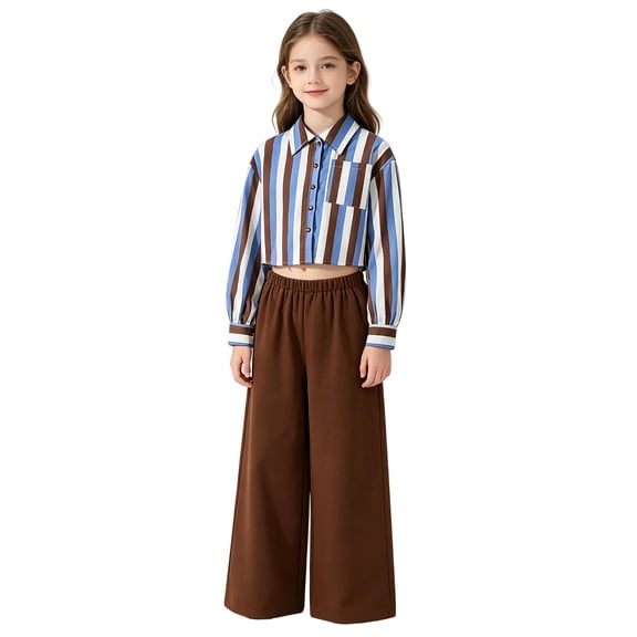 HAYIMI Girls Long Sleeve Striped Crop Shirt Blouse Wide Leg Pants Two Piece Outfit Sets Casual Fall Kids Fashion Classic Clothes Sets