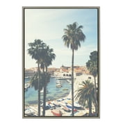 Kate and Laurel Sylvie The Palm Trees and The Boat Framed Canvas Wall Art by Laura Evans, 23x33 Gray, Coastal European Art for Wall