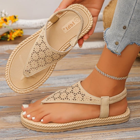 Women's Fashionable And Casual Summer Solid Color Round Toe Outerwear Flat Sandals Pumps Comfortable Slip On Senior Front Women's Gifts