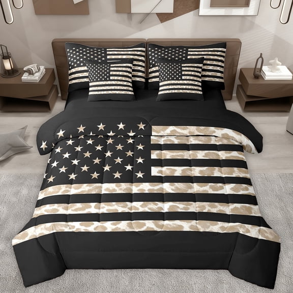 Homewish White Wheat Leopard Print Twin Bedding Sets 7-Piece for Teen, Stars Stripes Print Bedding Comforter Set, Rustic US Flag Reversible Sheet Sets, Ultra Soft Bedroom Decor