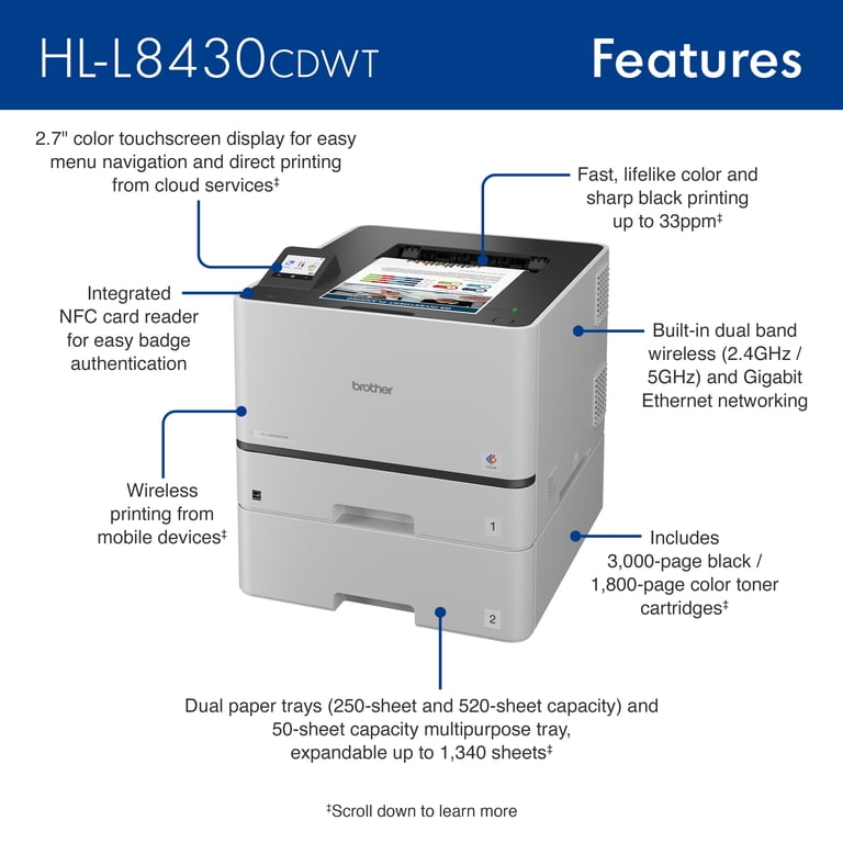 Brother HL-L8430CDWT Business Color Laser Printer with Dual Paper