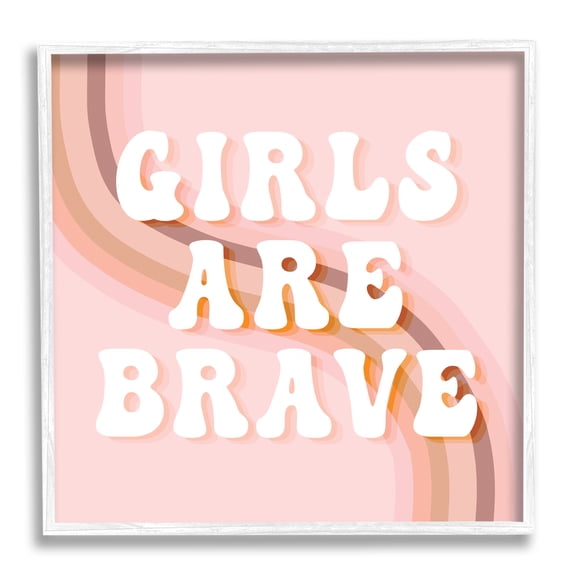 Girls Are Brave Bold Retro Typography Curved Rainbow Inspirational Framed Art Print Wall Art, 17x17