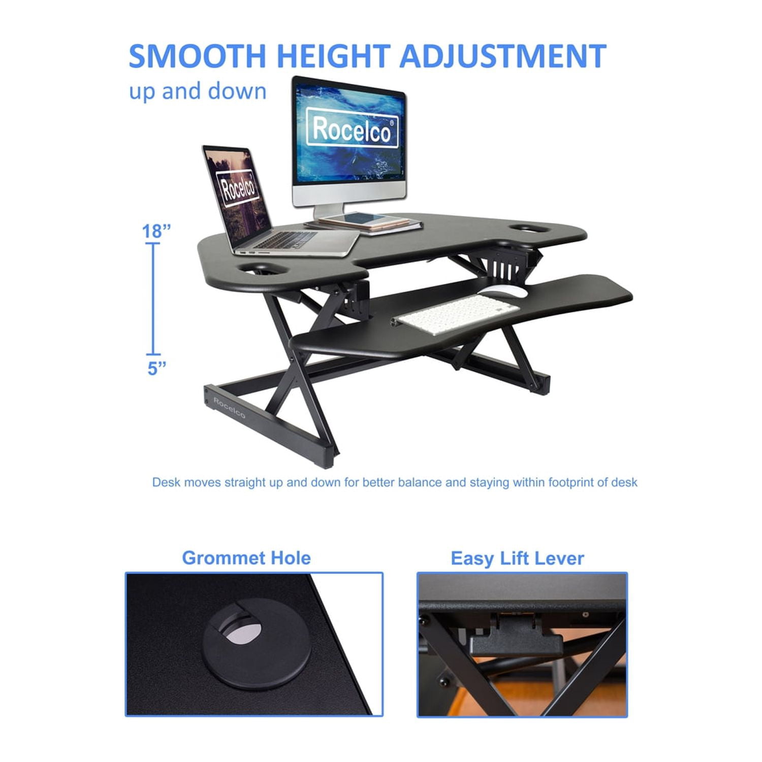 Rocelco 46" Adjustable Corner Standing Desk Converter Black (R CADRB-46)