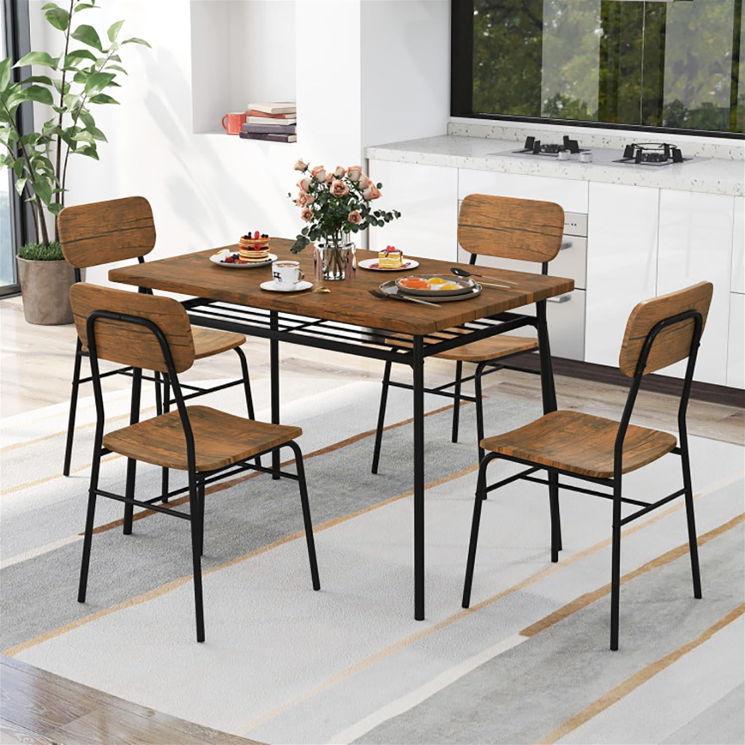 Demi Bonn 5-Piece Dining Table Set with 4 Chairs, 43" Kitchen Table with Metal Frame and Storage Rack, Perfect for Small Space, Brown