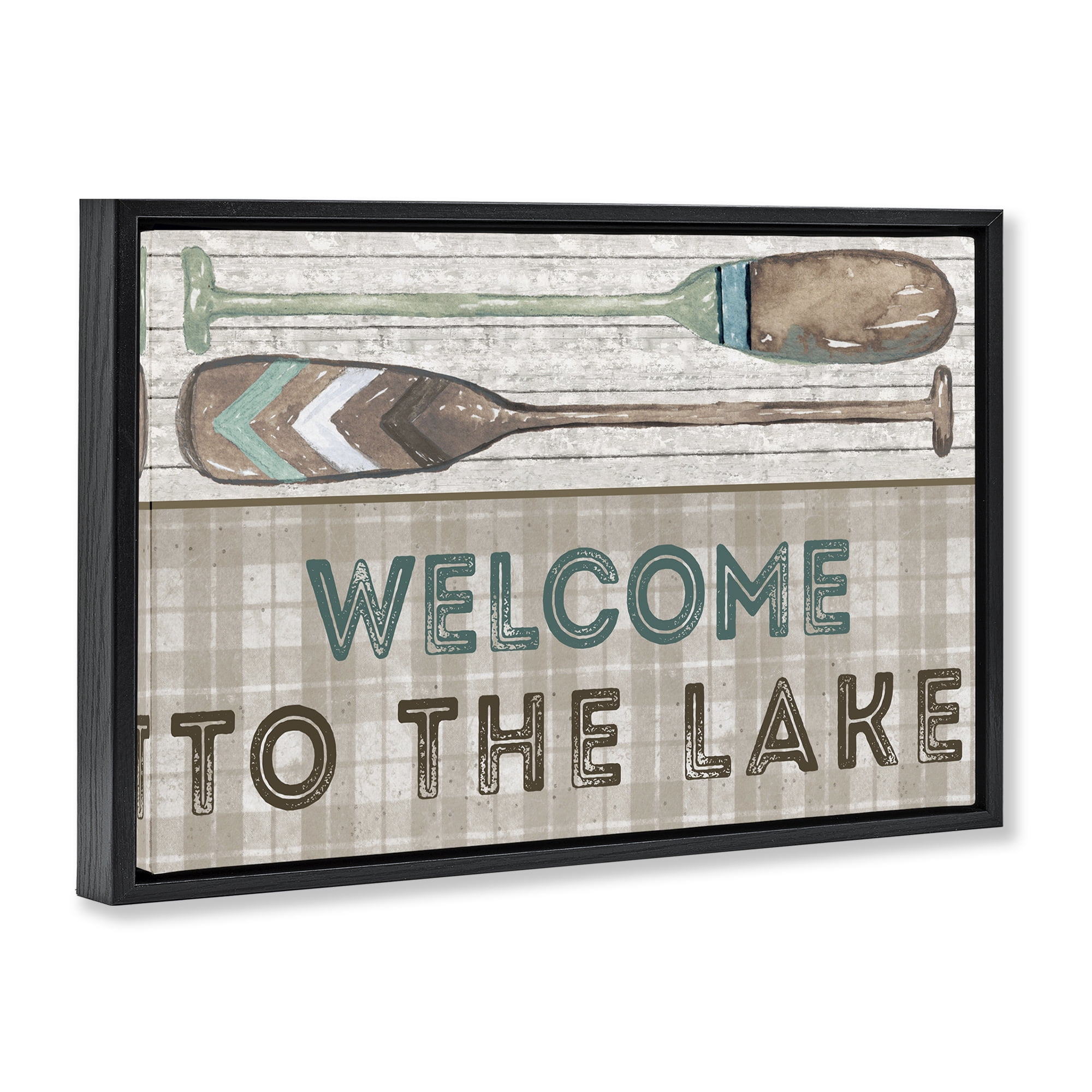 Stupell Industries Rustic Welcome Lake Oars Typography Painting Black Floater Framed Canvas Art Print Wall Art, 25 x 17