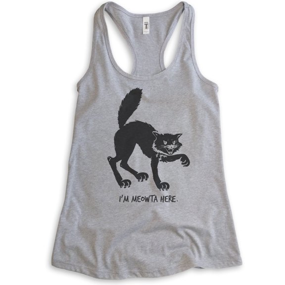 I'm Meowta Here Cat Tank Top, Ladies Racerback Tank Top, Halloween Tank, Black Cat Tank, Cat Tank, Heather Gray, X-Large