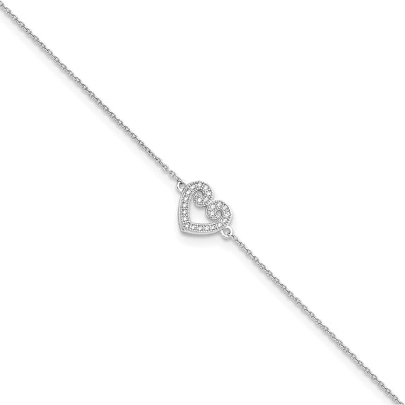 Sterling Silver Brilliant Embers Rhodium-Pl Cz Heart Anklet With 1In Ext. Made In India qmp1085-9