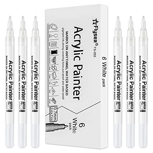 White Paint Pens, 6 Pack 0.7mm Acrylic White Permanent Markers for Rocks Painting, Metal, Wood, Glass, Ceramic,Tire, Fabric, Acrylic Paint Marker Set