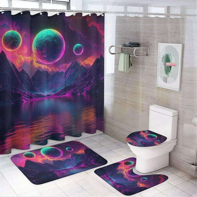 Faty-T Rideaux de Douche Planètes Colorées avec Tapis, Housse de Couvercle de Toilette et Tapis de Bain pour Salle de Bain, Ensembles de Rideaux de Baignoire à Domicile avec Tapis, Imprimé Rétro Galaxie Montagne Rivière, Quatre Pièces