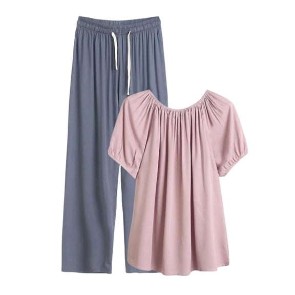 Enjoytime Womens 2 Piece Outfits Round Neck Puff Sleeve Blouse with Wide Leg Pants Matching Sets Plus Size Casual Loungewear