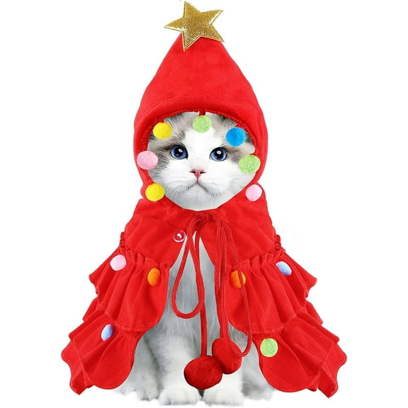 Dalrosia Cat Christmas Outfit Red Pet Cloak with Hat with Star and Pompoms Puppy Cape Clothes Xmas Tree Elf Costumes Party Pet Supplies Accessories for Small Dogs Cats Pet Santa Presents