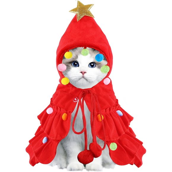 Conjunto Navideño para Gato Capa Verde para Mascota con Sombrero con Estrella y Pompones Capa para Cachorro Ropa Árbol de Navidad Elf Disfraces Fiesta Suministros para Mascotas Accesorios para