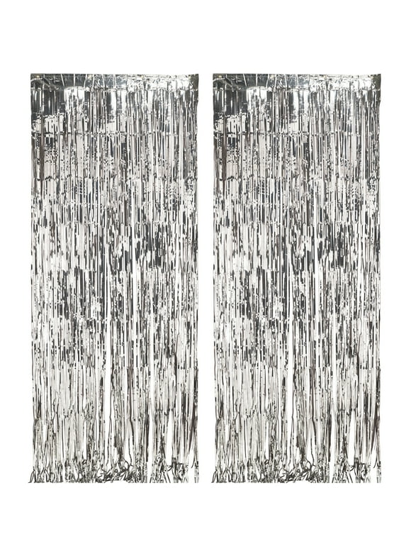 Way to Celebrate Silver Metallic Foil Fringe Door Curtain Hanging Decoration, 8 ft x 3ft, Party Streamer
