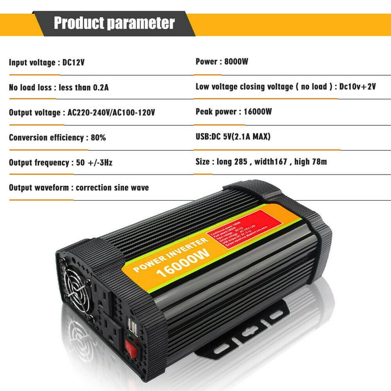 8000W Continuous/16000W Peak Power Inverter, DFITO DC 12V to 110V AC Car  Inverter with Dual AC Outlets and 2.1A Dual USB Car Adapter 