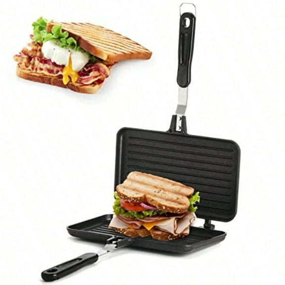 Sandwich Maker Nonstick Grill Panini Maker Pan with Handle Stovetop Toasted Aluminum Flip Pan Indoor Outdoor Camping Home Kitchen Breakfast