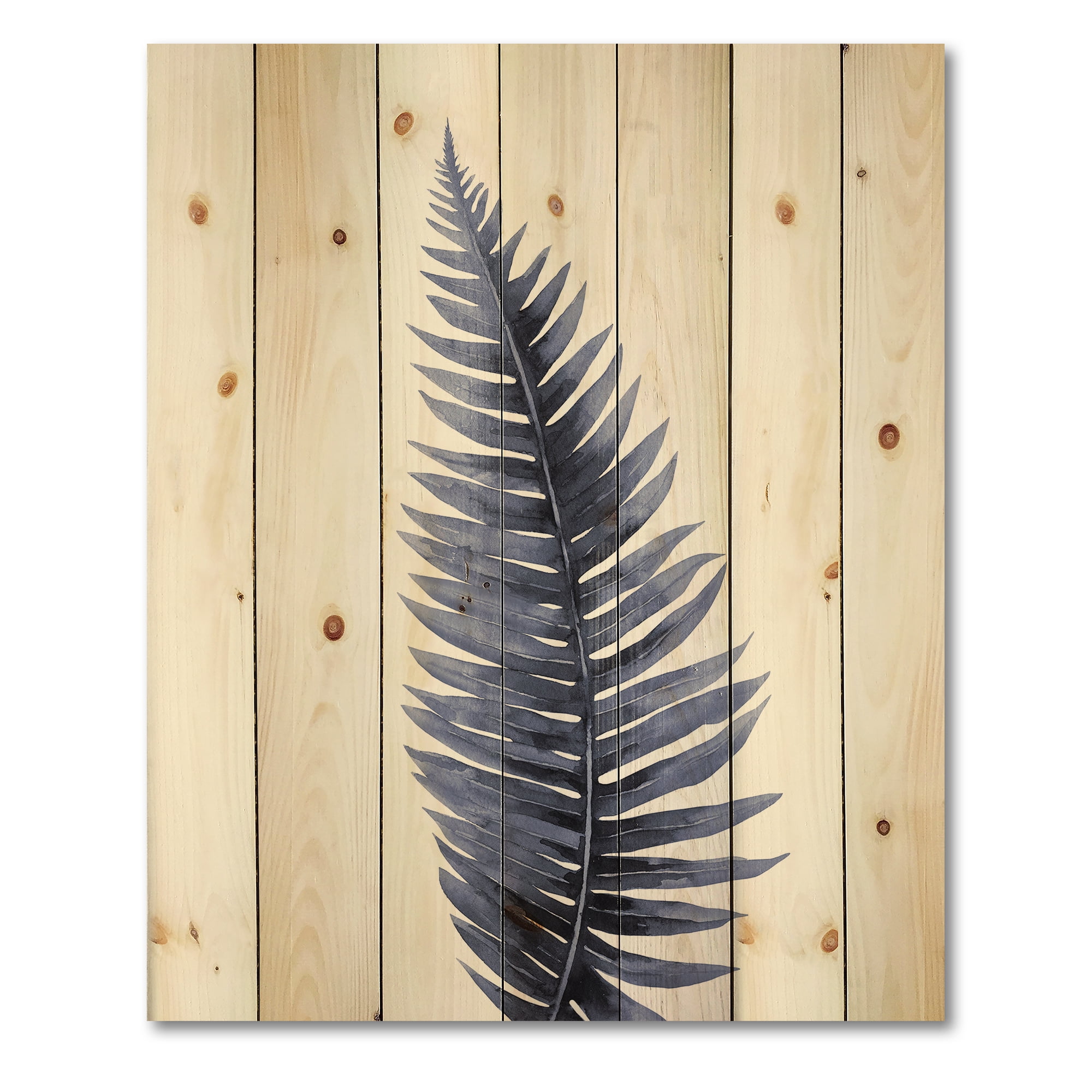 Designart 'Tropical Blue Watercolour Leaves On White' Bohemian & Eclectic Print on Natural Pine Wood