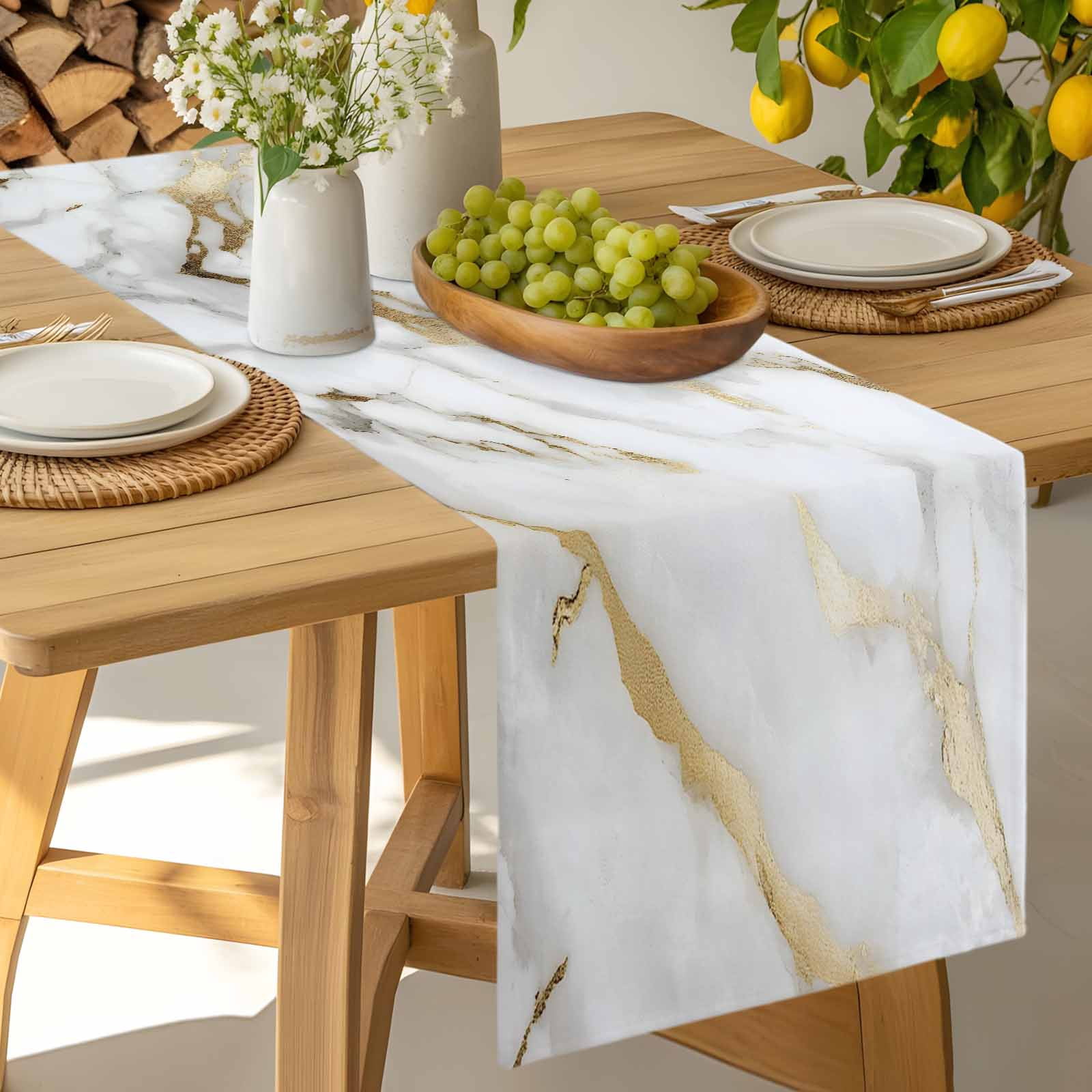 Kitchen Table Runner 90 Inches Long, Modern Simple Marble Texture Cotton Linen Table Runners for Dining Tables Home Holiday Party Wedding, Abstract Golden Veins Tabletop Scarf