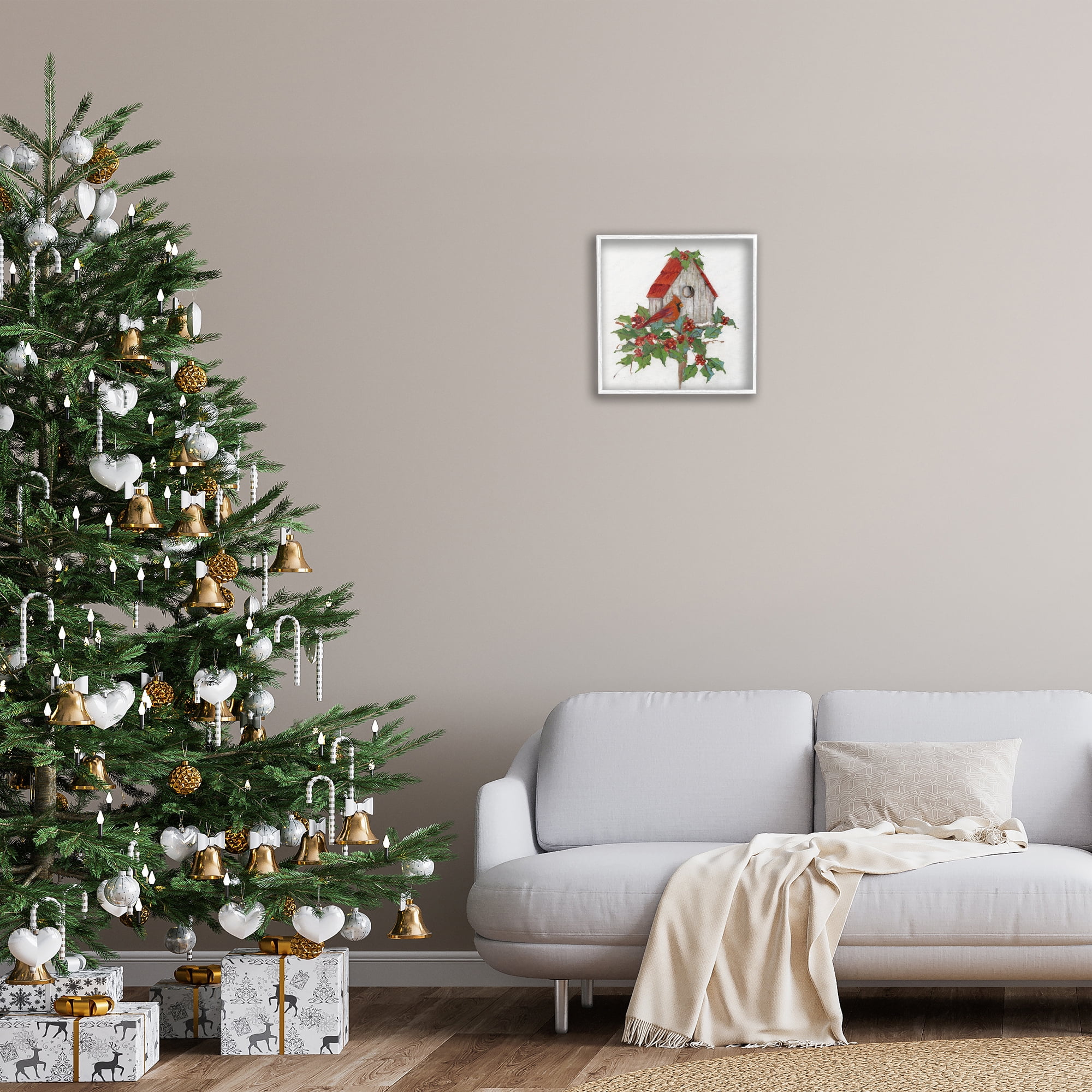 Stupell Industries Winter Plants & Birdhouse Holiday Painting White Framed Art Prints Wall Art, 17 x 17