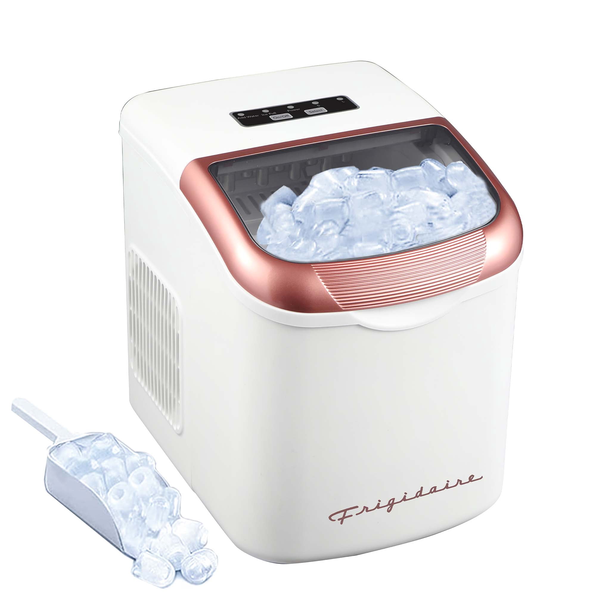 Frigidaire 26 Lbs. Retro Countertop Ice Maker, Bullet Shaped Ice, White/Rose Gold