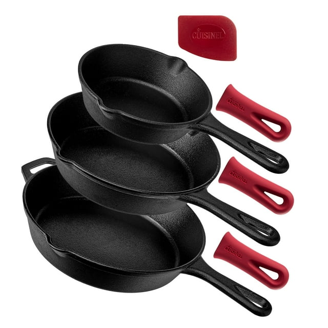 Juego de sartenes de hierro fundido Cuisinel de 3 piezas con tapas de mango