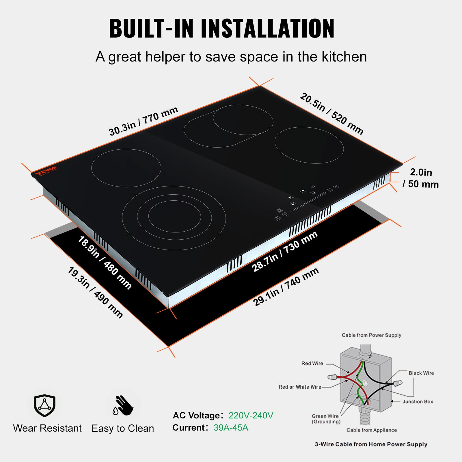 KFFKFF Ceramic Cooktop, 30" 4 Burners Induction Stovetop, 240V 7200W with Touch Control, Timer & Child Lock, 9 Temperature Levels for Diverse Culinary Tasks