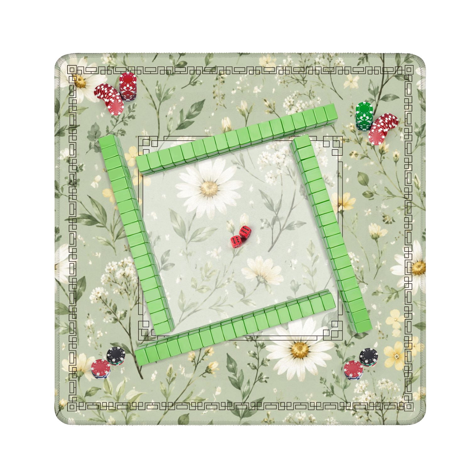 Mahjong Mat 31.5" x 31.5" Floral Daisy Wildflowers Pastel Green Non-Slip Noise Reduction American Mahjong Tiles Table Cover for Dominoes Poker Card Board Games Gift