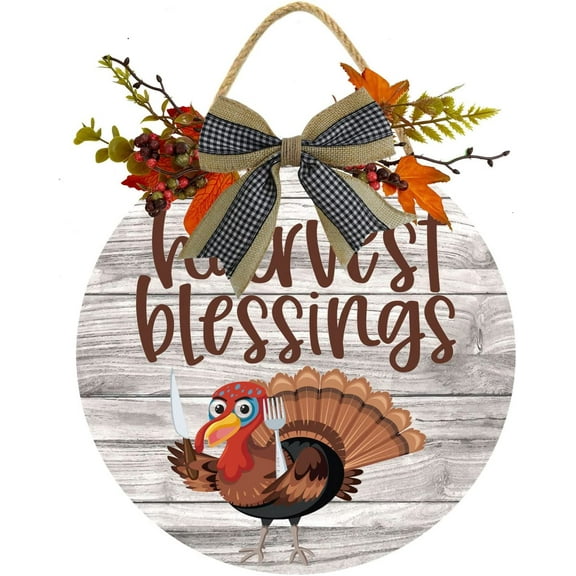 Eveokoki 12" Harvest Blessings Thanksgiving Autumn Sign Plaque Front Door Decoration Vintage Hello Wooden for Home Wedding Gift Round Wood Sign Decorating for Indoor & Outdoor Use