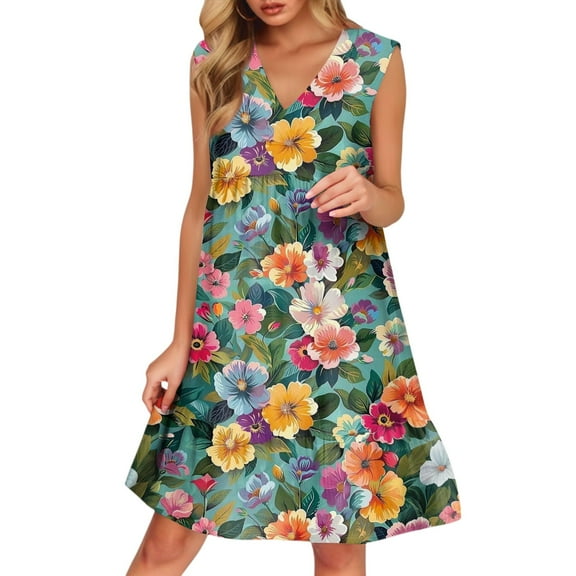 WTOBBY Women's Casual Fashion Breathable V-Neck Vest with Pockets Floral Holiday Dress, Summer Style with Lightweight Fabric, Comfortable and Flowy for Vacation Wear,Army Green L