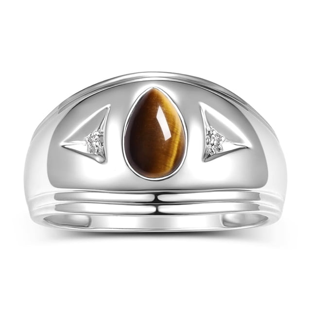 RYLOS Men's Rings 14K White Gold Pear Shape Tear Drop Cabochon Gemstone & Diamond Rings; Tiger Eye Size 12