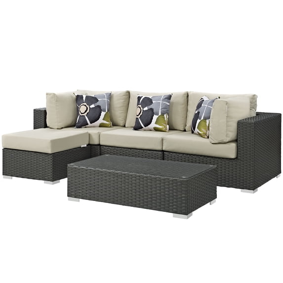 Modern Contemporary Urban Design Outdoor Patio Balcony Five PCS Sectional Sofa Set, Beige, Rattan