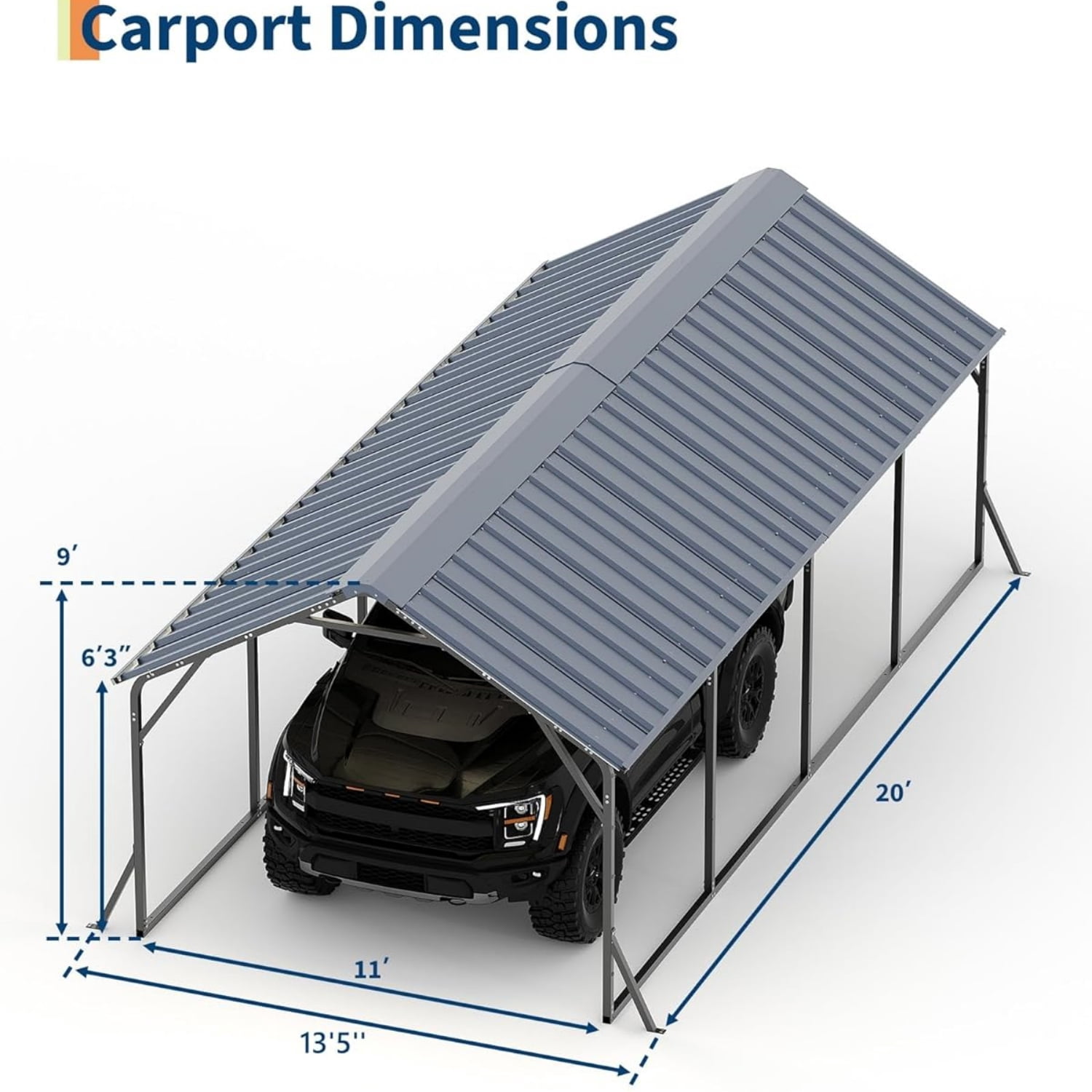 Riedhoff Metal Carport with Vertical Roof, 11 x 20 x 9 ft, Heavy Duty Steel, Gray