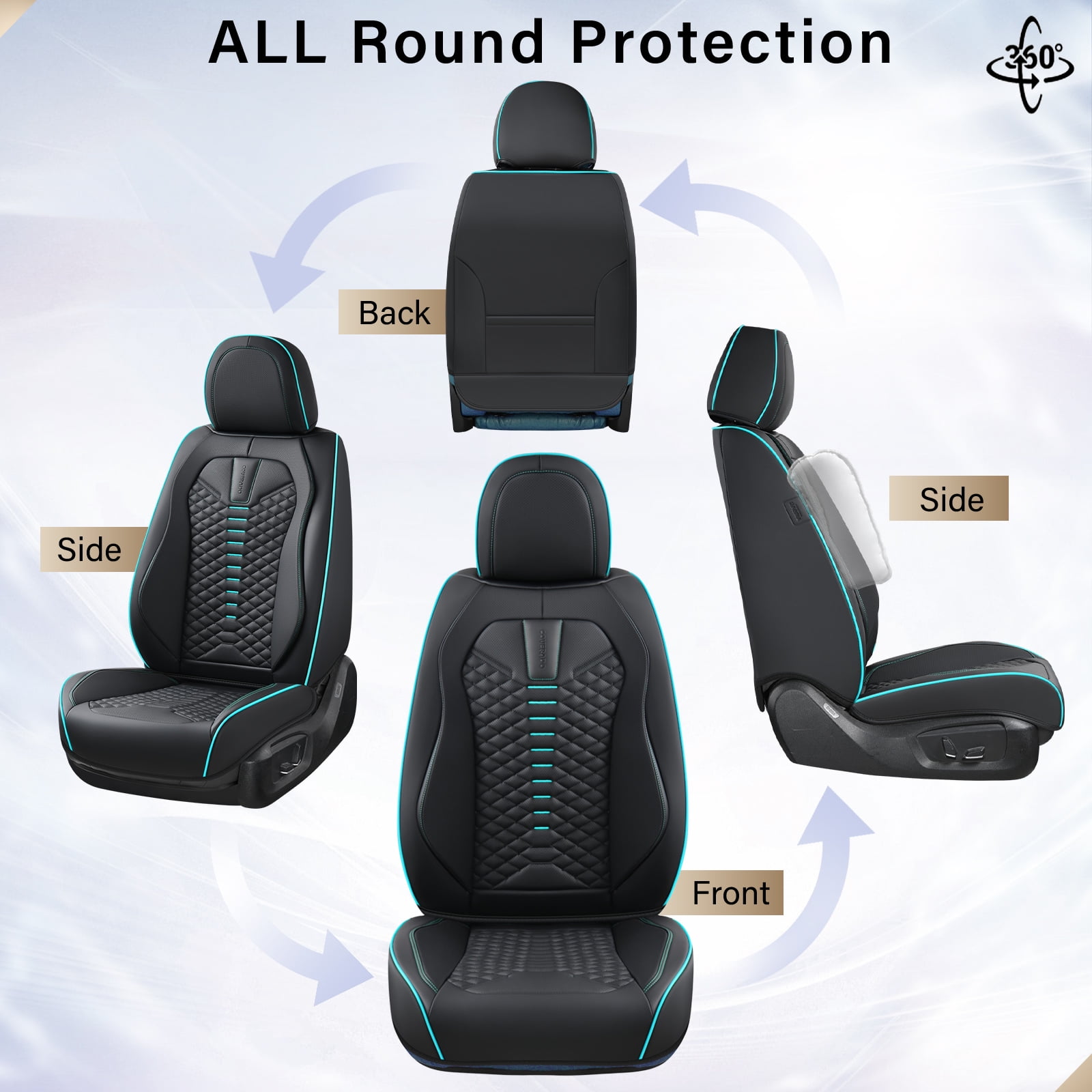Coverado Black and Blue Trim Car Seat Covers Full Set, Premium Leather Front and Rear Split Bench Cover, Automotive Seat Protectors Universal Fit for Most Cars, SUVs and Trucks