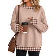 thumbnail image 2 of Women's Oversized Colorblock Crew Neck Sweatshirt Plaid Trim Patchwork Long Sleeve Loose Fit Pullover Top Cozy Featuring Playful Gingham Contrast Cuffs and Collar,Soft Casual Tunic Style. Khaki, 2 of 6