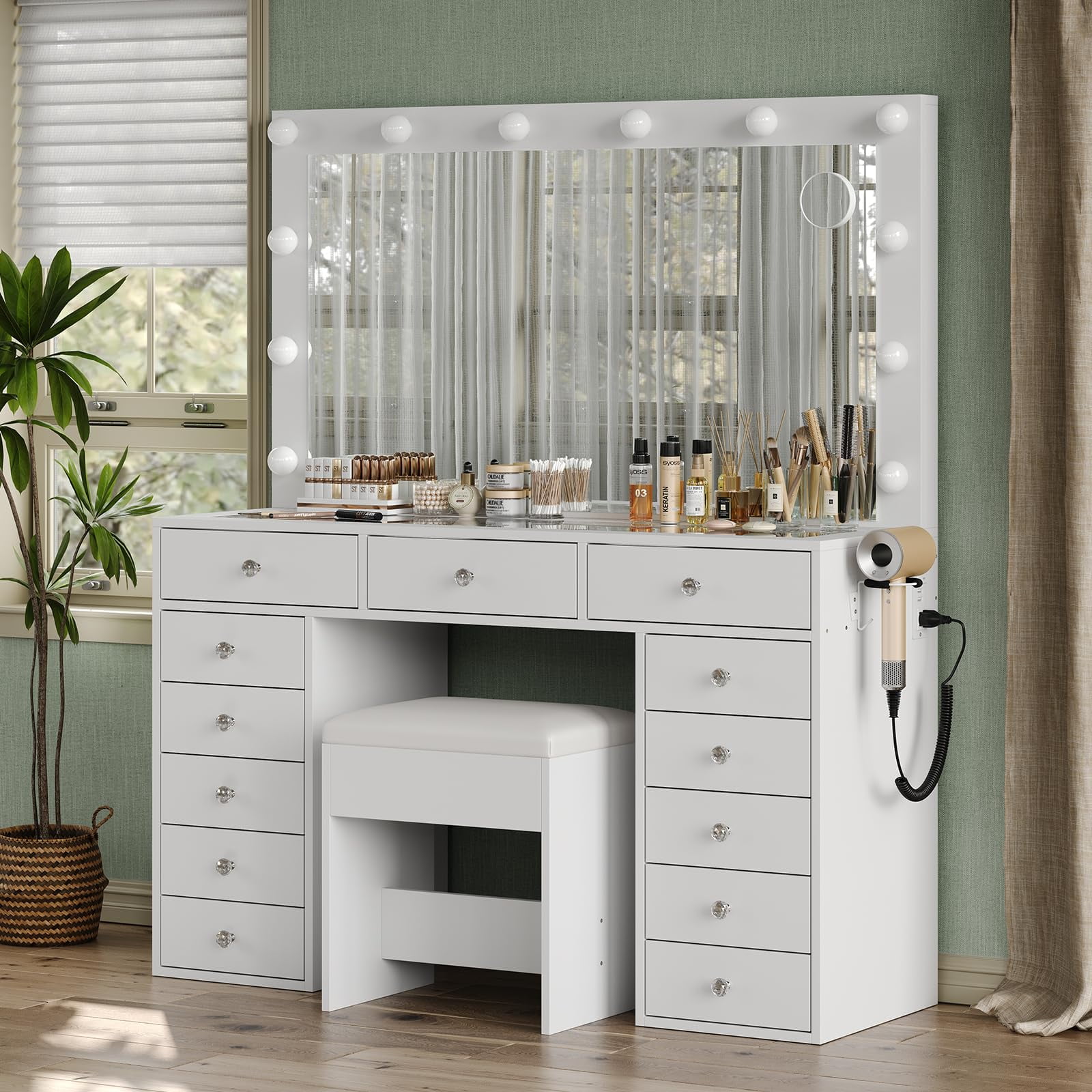 Yanosaku Vanity Desk with 13 Drawers, Glass Top, LED Lighting, Mirror, and Power Outlet