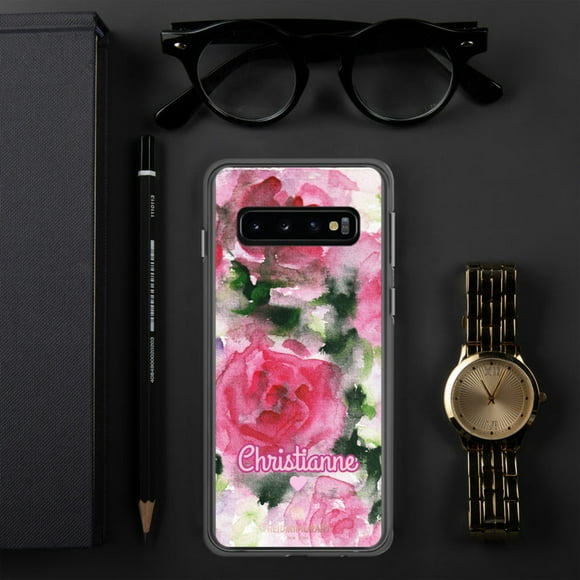 Pink Rose Personalized Samsung Case, Floral Custom Name Phone Case, iPhone 13